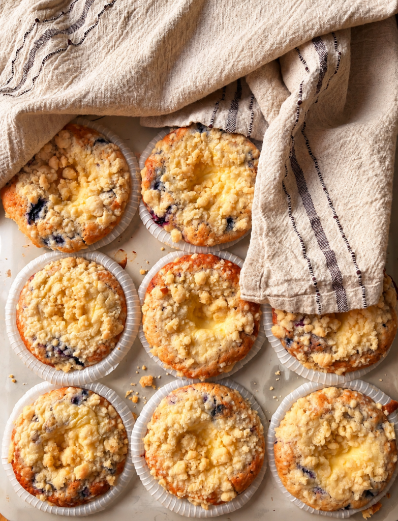 Nio blåbärs- och vaniljmuffins med smuldeg på en plåt, delvis täckta av en kökshandduk