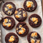 Åtta chokladcookies med gyllene kokostosca på en bakplåt